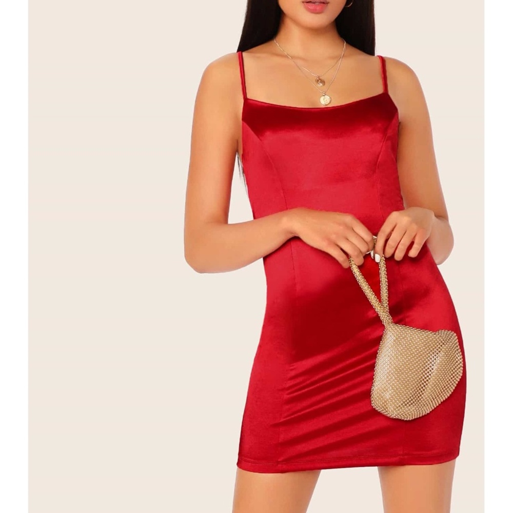 Bright Red Sleeveless Satin Bodycon Cami Dress